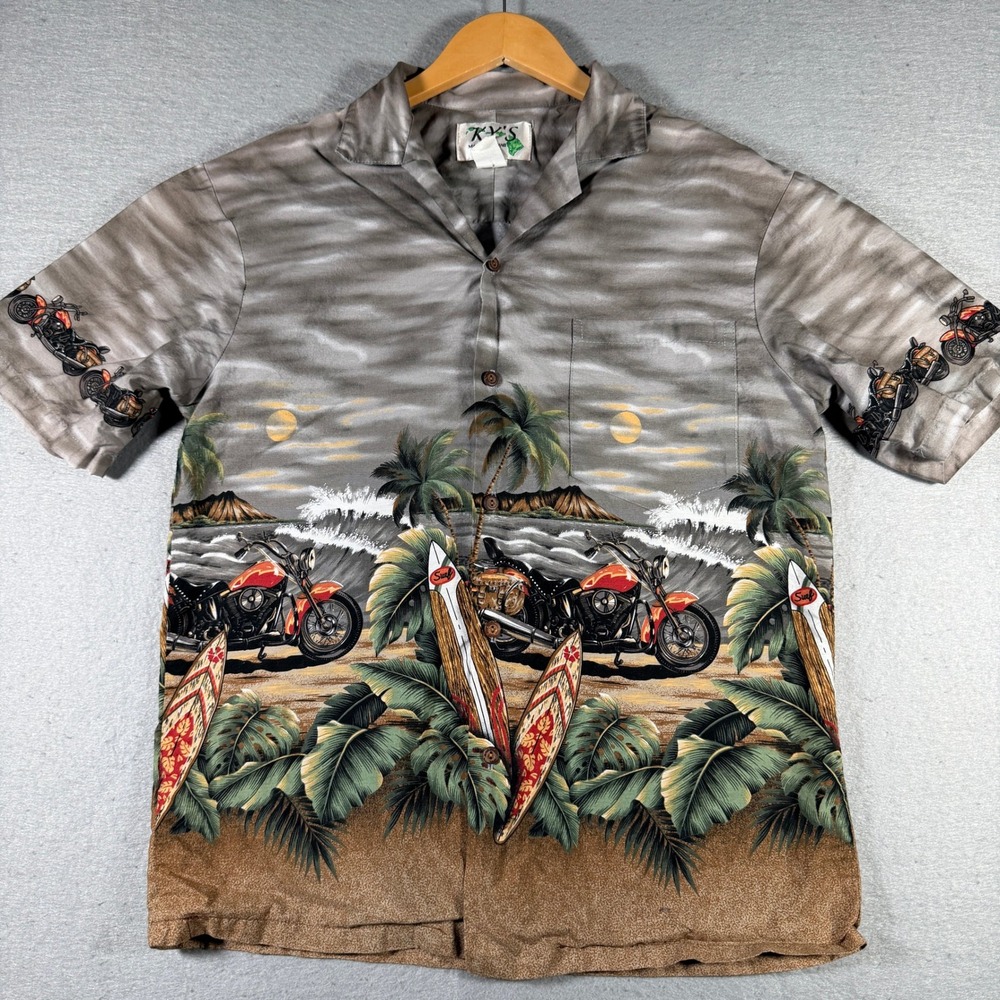 KY'S Hawaii Mens Gray Motorcycle Surfboard Tropical‎ Cotton Aloha Shirt Medium